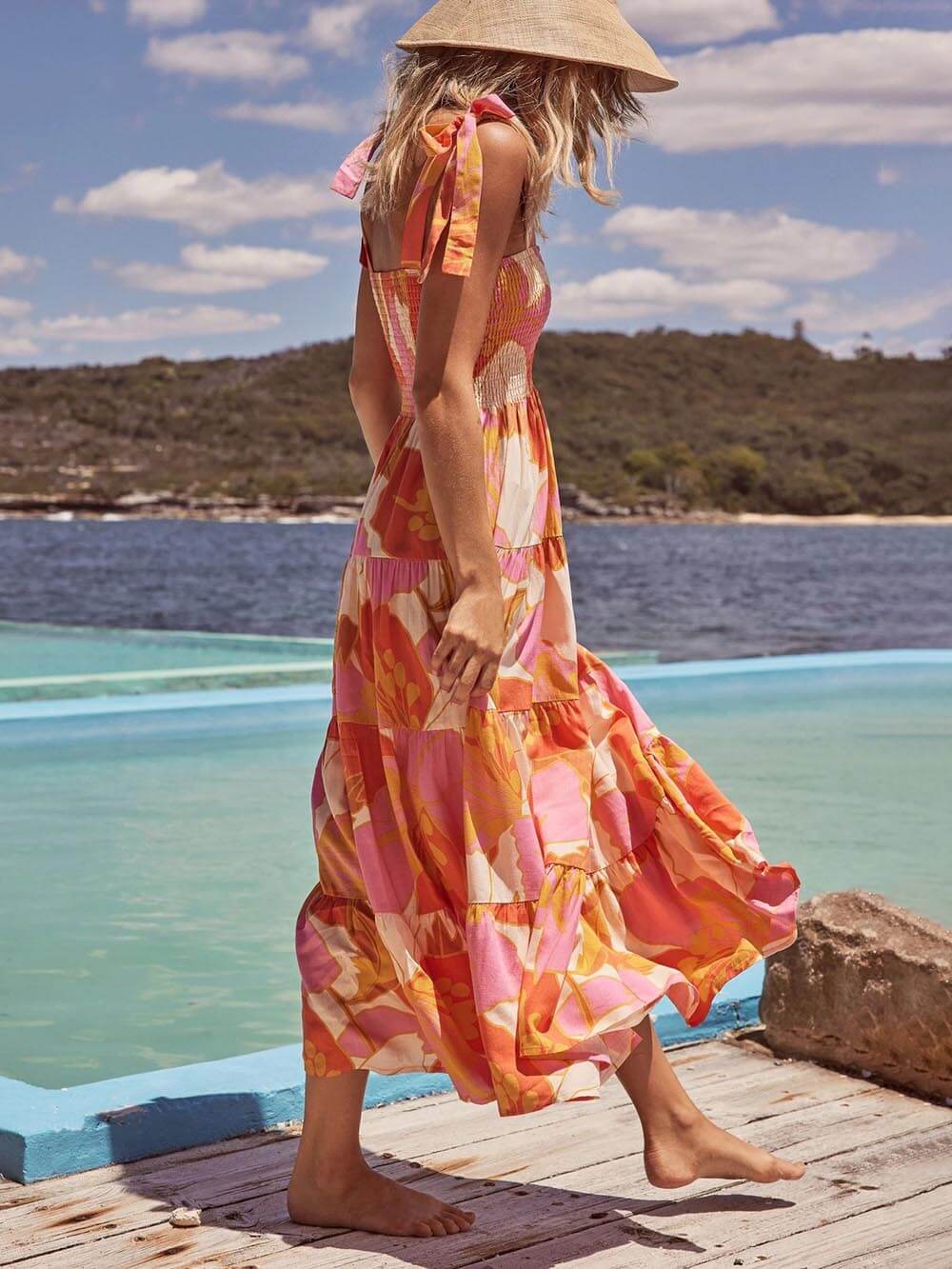Vestido camisola sin mangas con estampado de pecho elástico plisado Sea Charm