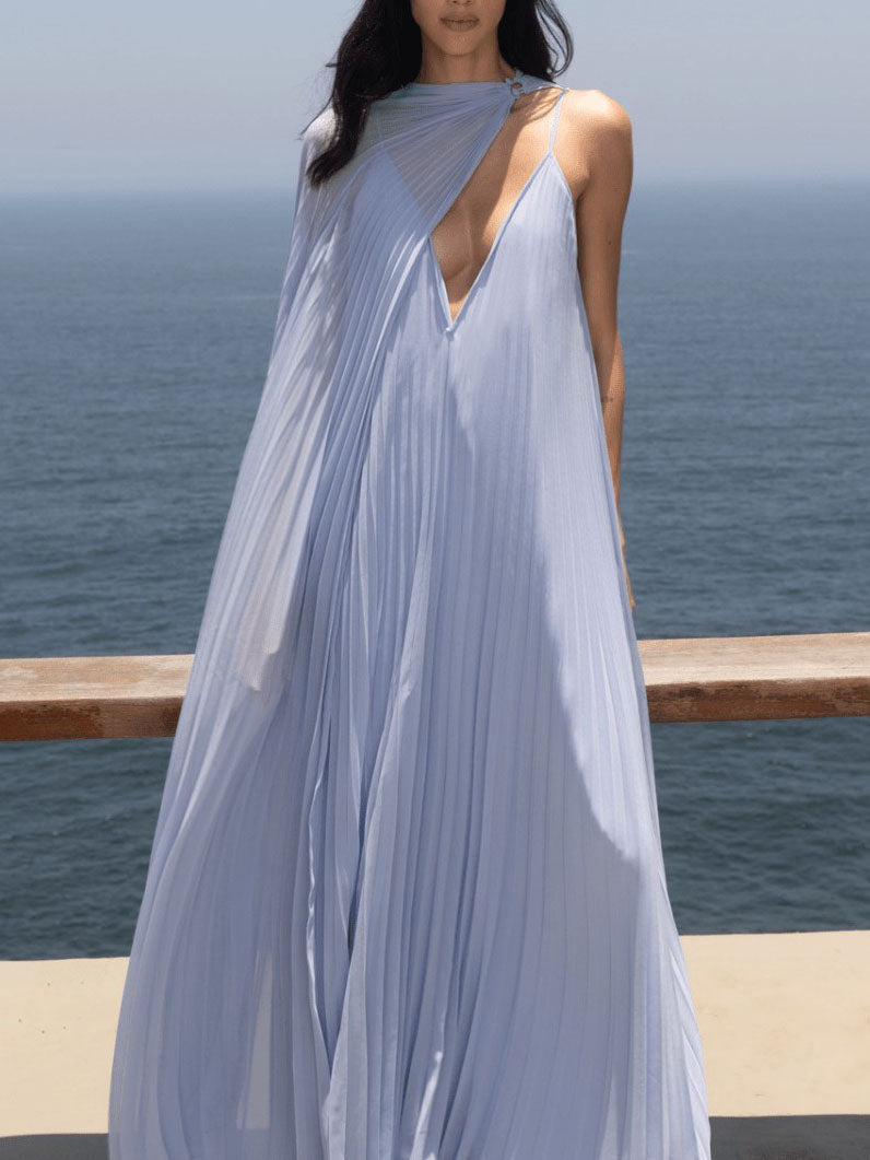 Vestido largo fluido plisado elegante con cuello en V