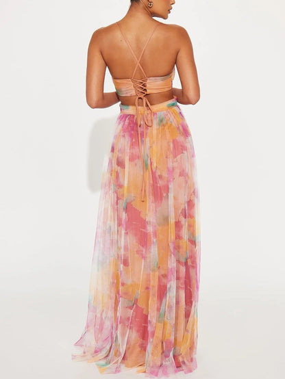 Vestido largo elegante con cuello en V y estampado floral pintado