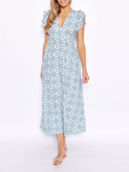 Vestido largo con cuello en V y mangas acampanadas con medallón azul