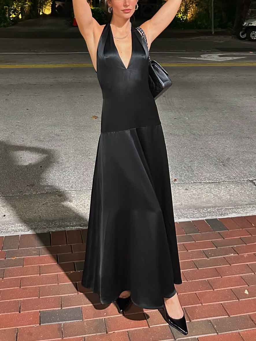 Vestido largo elegante con cuello en V profundo y halter