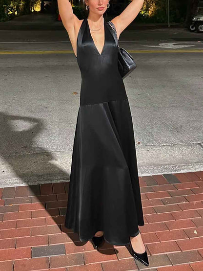 Vestido largo elegante con cuello en V profundo y halter