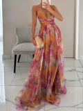 Vestido largo elegante con cuello en V y estampado floral pintado