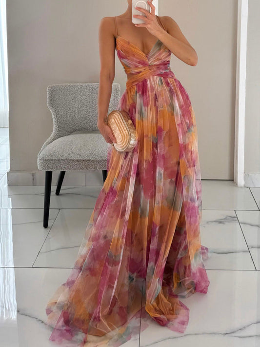 Vestido largo elegante con cuello en V y estampado floral pintado