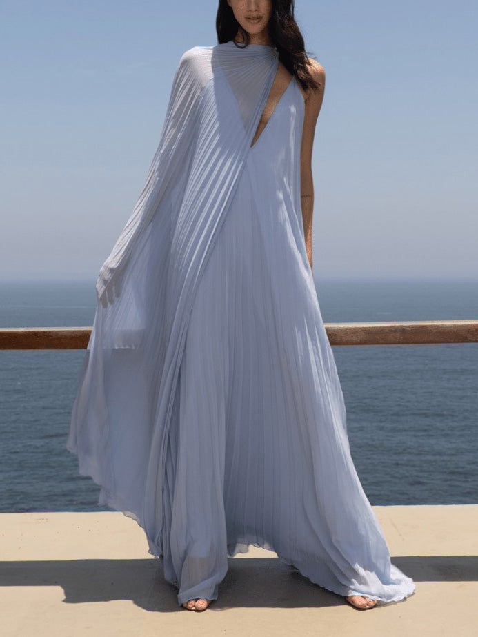 Vestido largo fluido plisado elegante con cuello en V