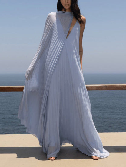 Vestido largo fluido plisado elegante con cuello en V