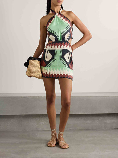 Minivestido sin espalda con estampado étnico vintage único
