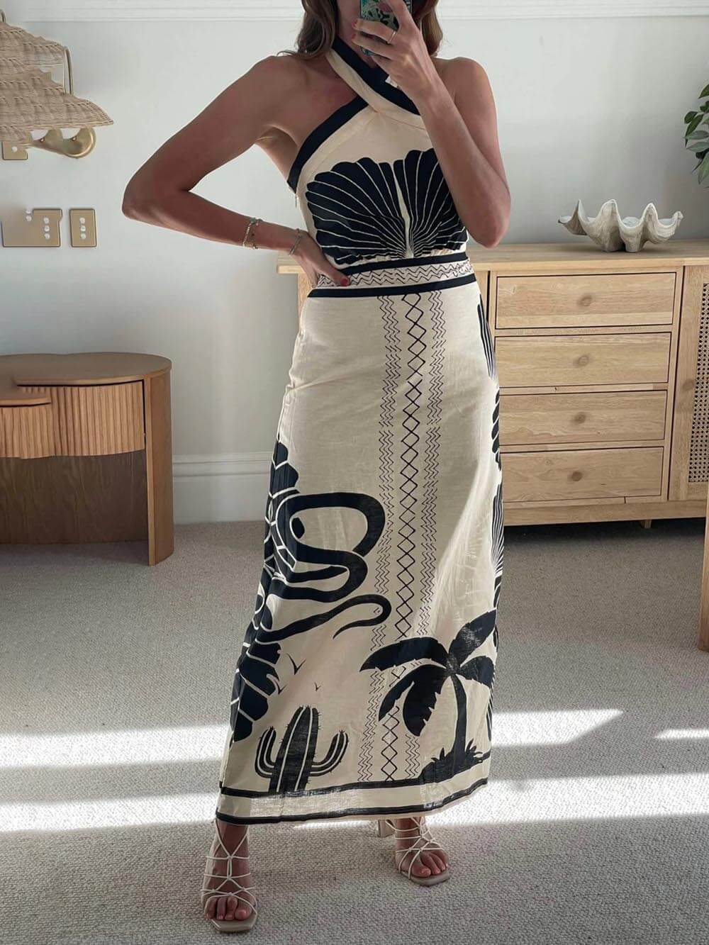 Vestido largo con cuello halter, ajustado, con estampado étnico, elegante y sexy
