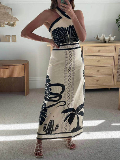 Vestido largo con cuello halter, ajustado, con estampado étnico, elegante y sexy