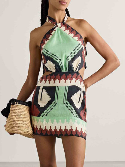 Minivestido sin espalda con estampado étnico vintage único