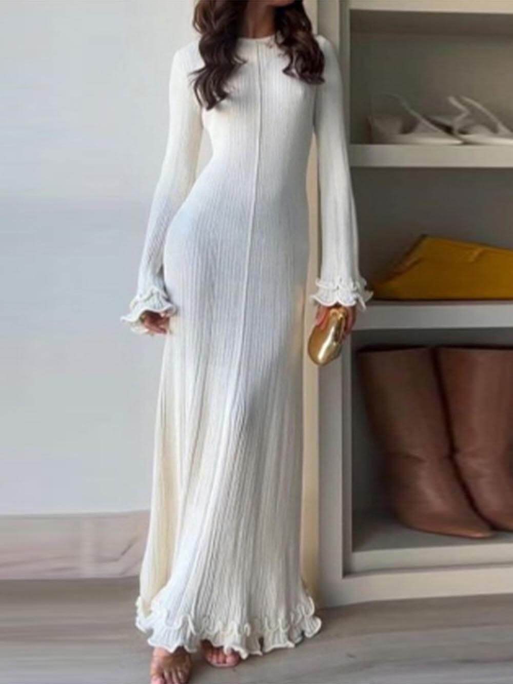 Vestido Largo de Punto Elegante con Mangas Acampanadas