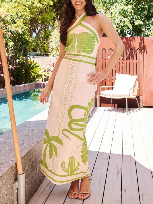 Vestido largo con cuello halter, ajustado, con estampado étnico, elegante y sexy