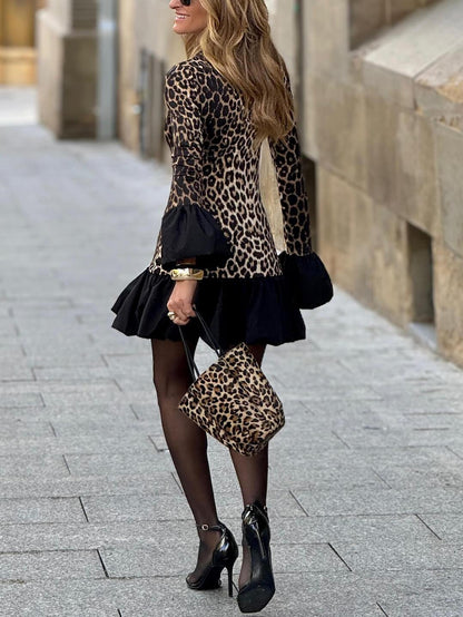 Minivestido sexy con volantes y estampado de leopardo
