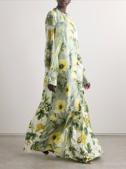 Vestido Largo con Estampado Floral y Frutal