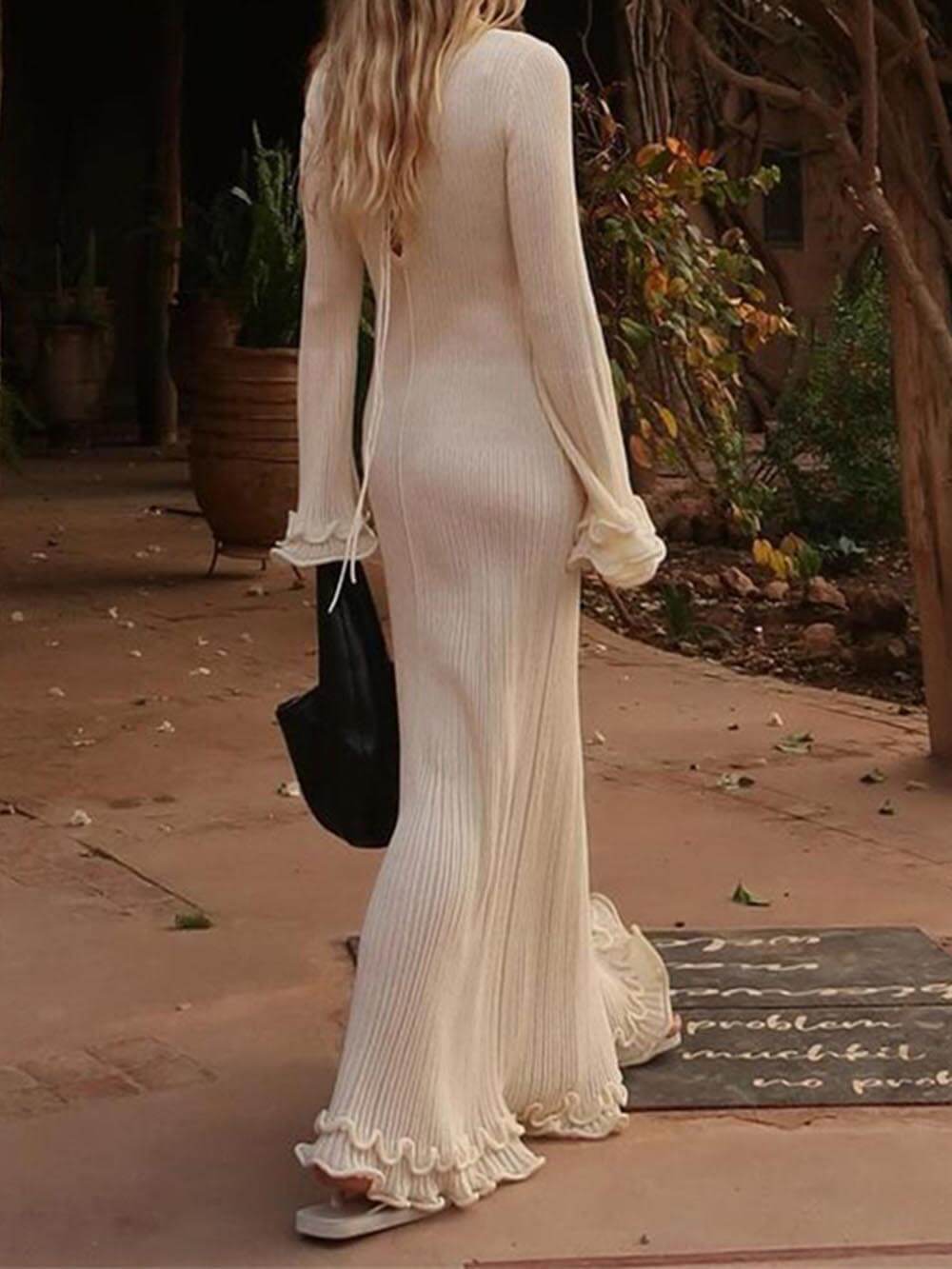 Vestido Largo de Punto Elegante con Mangas Acampanadas