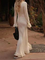 Elegant Trumpet Sleeves Rolled Hem Knitted Round Neck Maxi Dress