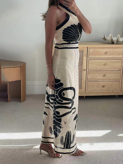 Vestido largo con cuello halter, ajustado, con estampado étnico, elegante y sexy